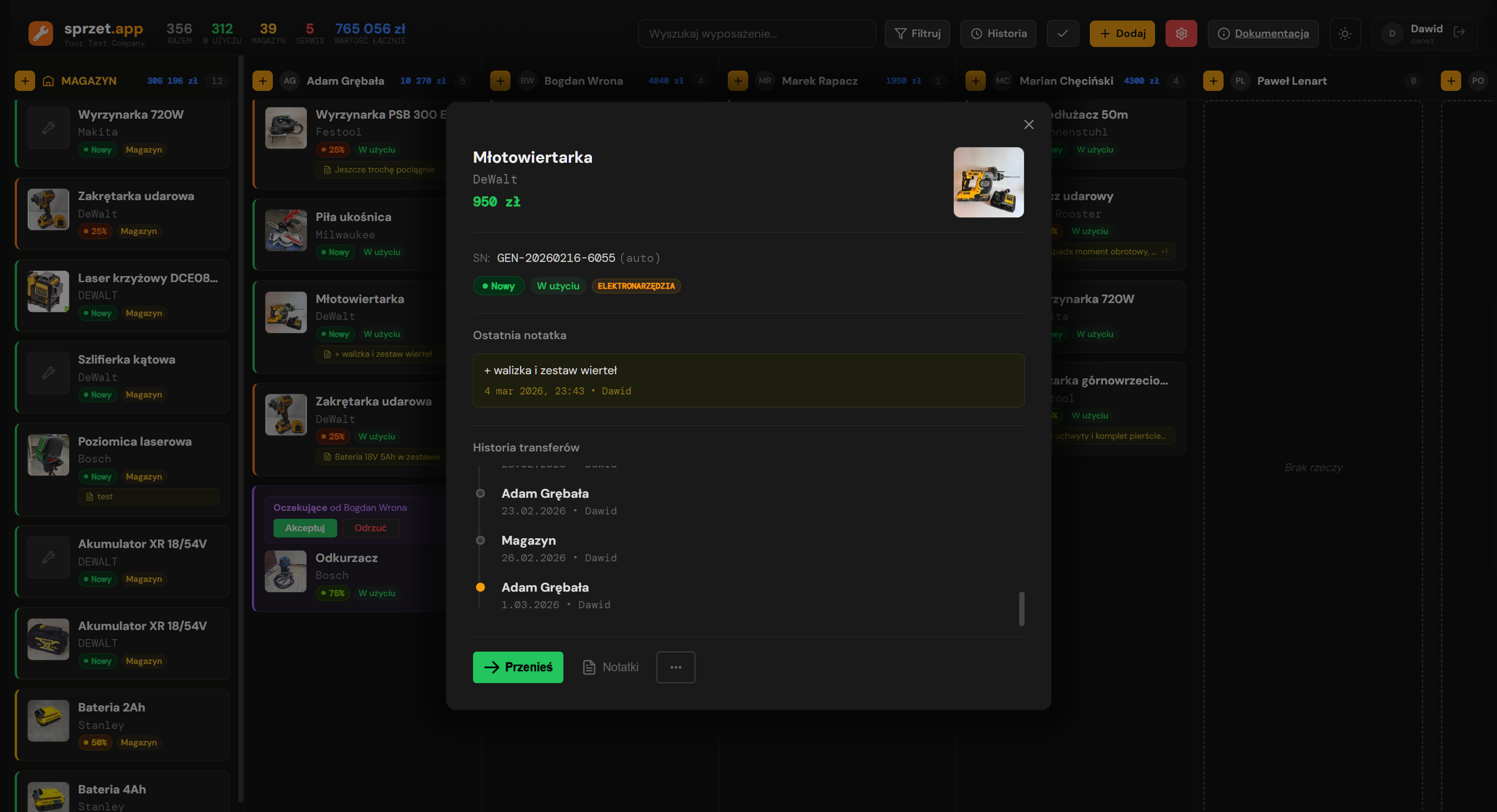 Panel sprzet.app — śledzenie sprzętu w czasie rzeczywistym