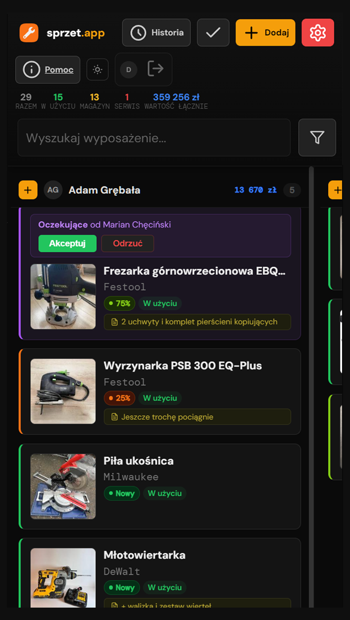 Panel sprzet.app — śledzenie sprzętu w czasie rzeczywistym